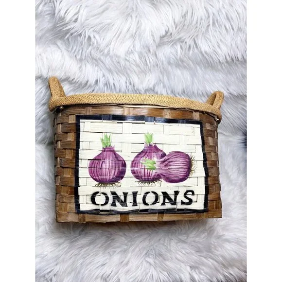 WOODEN ONION‎ GRAPHIC KITCHEN COTTAGE FARMHOUSE STORAGE BASKET, 16 x 13.5 x 9