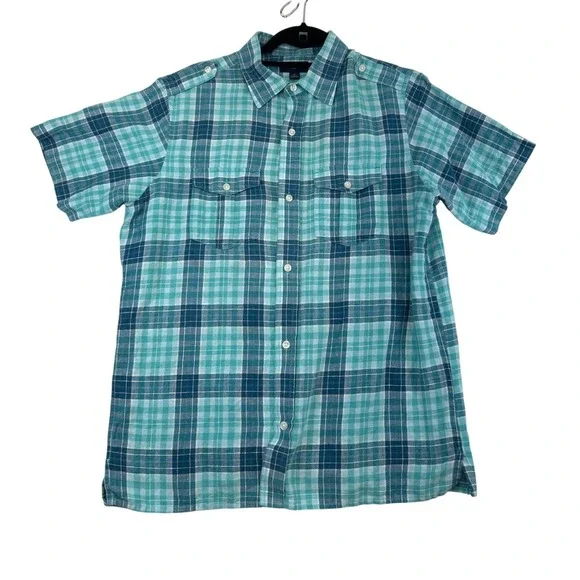 Banana Republic Button Down Shirt Mens M Teal Plaid Linen Cotton Epaulets Beach