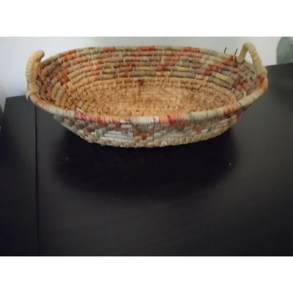 Woven Straw Oval Basket with Handles Natural Orange Green Boho Decor