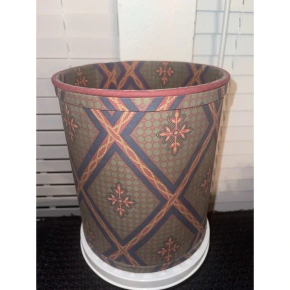 Vintage Burgundy Navy Green Pattern Material Waste Basket Trash Can Vineyard Inc
