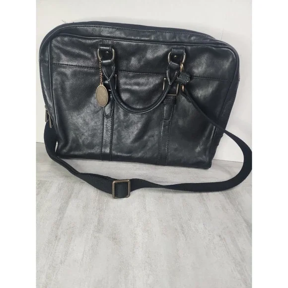 Fossil Black Pebble Leather Briefcase Laptop Bag Handles & Shoulder Strap