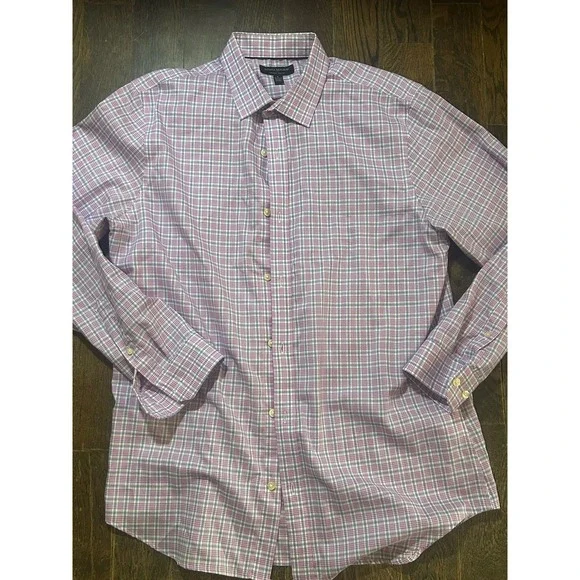 Banana Republic Men's Non Iron Slim Fit Dress Shirt Size L Purple White Plaid