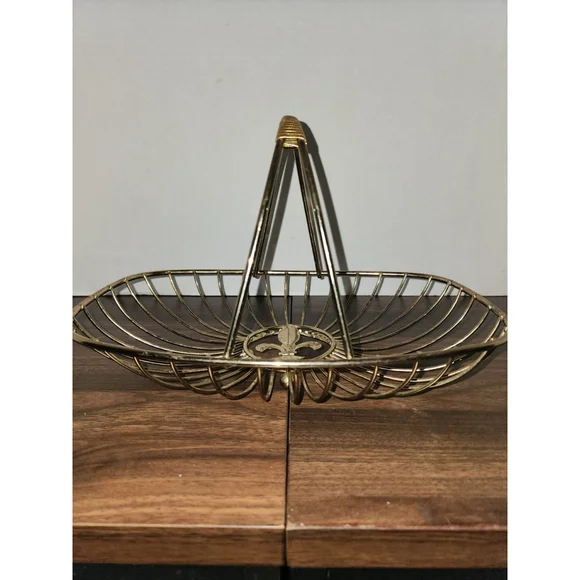 Vintage‎ Fleur De Lis Gold Wire Basket Woven Handle