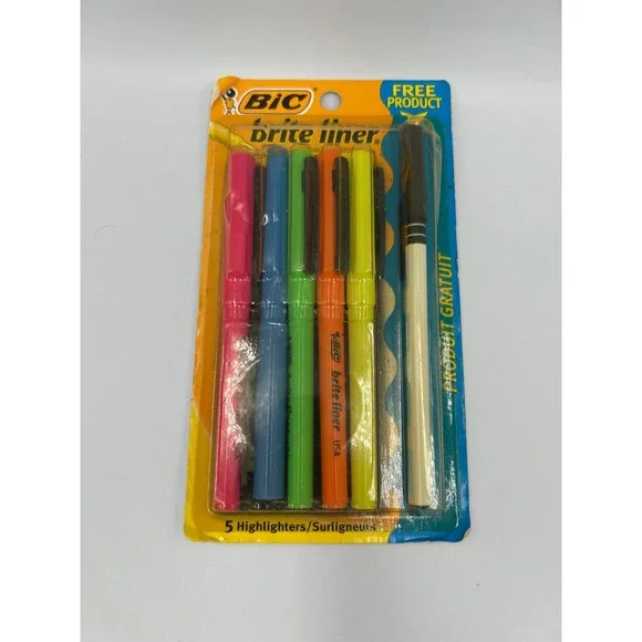 Vintage BIC Brite‎ Liner Highlighters 5 Pack Plus Free Pen New 1991 Made in USA