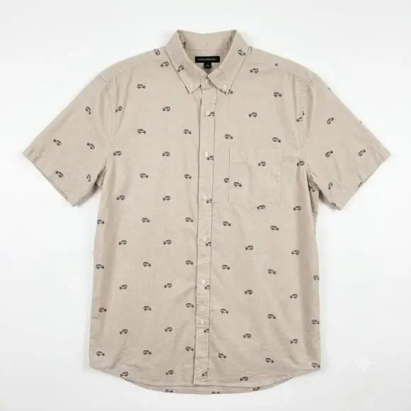 Banana Republic Slim Fit Jeep Print Shirt Beige Cotton Lawn Casual Mens XL