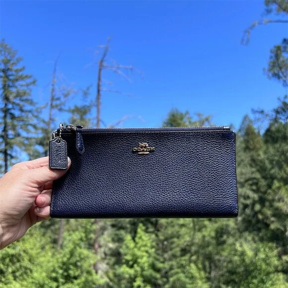 COACH Blue Pebble Leather Clutch Wallet Phone Case with Gold Hardware AUTHENTIC