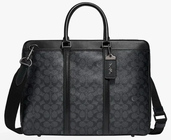 Coach Perry Slim Briefcase F59057 Black Signature Canvas Laptop Bag NWT