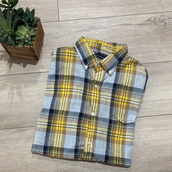 Banana Republic Yellow and Gray Plaid Casual Shirt size large
