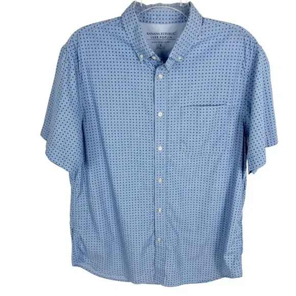 Banana Republic Luxe Poplin Slim Fit Blue Print Short Sleeve Button Down Shirt