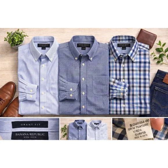 Banana Republic Grant Fit‎ Non-Iron Shirts Lot of 3 Large 16-16½ Blue Stripe