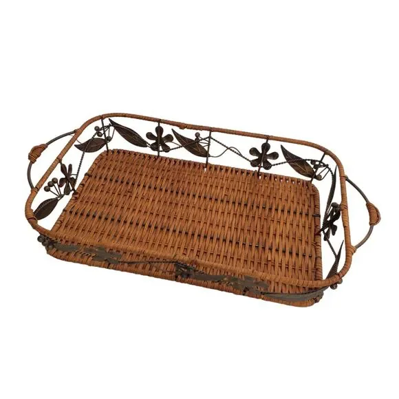 Beautiful Rectangle Weaved Wicker and Metal 'Leaves' Tray Basket (10 x 17)