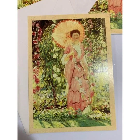 3 Vintage Notecards “Hollyhocks” Artwork Frederick Carl Frieseke Victorian 90s