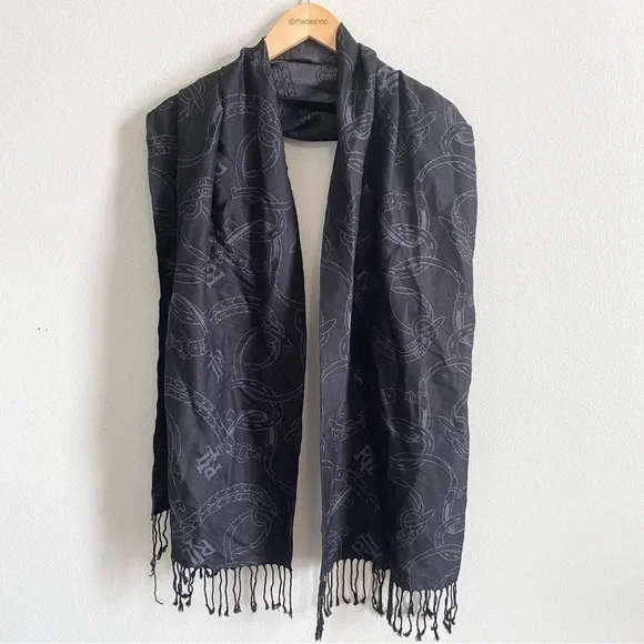 Lauren Ralph Lauren Black and Gray Equestrian Logo Knit Scarf