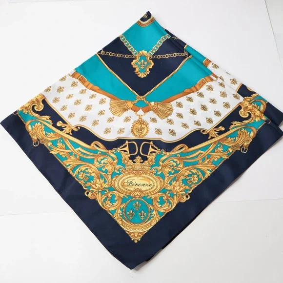 Firenze Italy Scarf Square Baroque Equestrian Fleur de Lis Teal Navy Gold 34x34