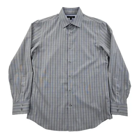 Banana Republic Non-Iron Shirt Men's M Gray Blue Check Slim‎ Fit EUC Long Sleeve