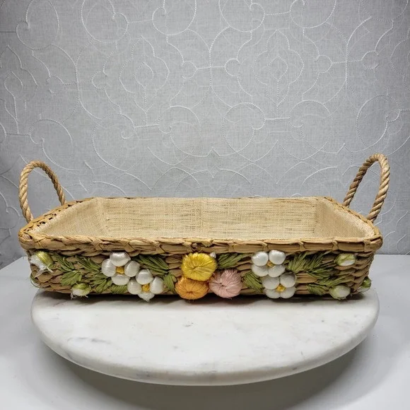 Vintage Woven Casserole Basket Decorative Floral Trim Twine Handles Philippines