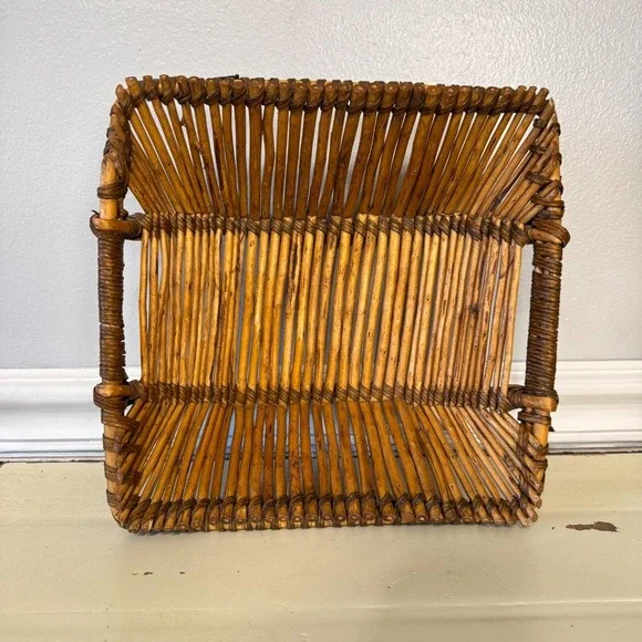 Vintage Pencil Reed Bamboo Square Basket Handles Two Tone‎ MCM Approximately 9