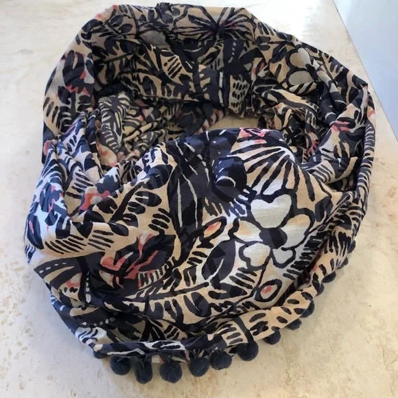 LOFT Navy Multi-Color Pom Pom Infinity Scarf
