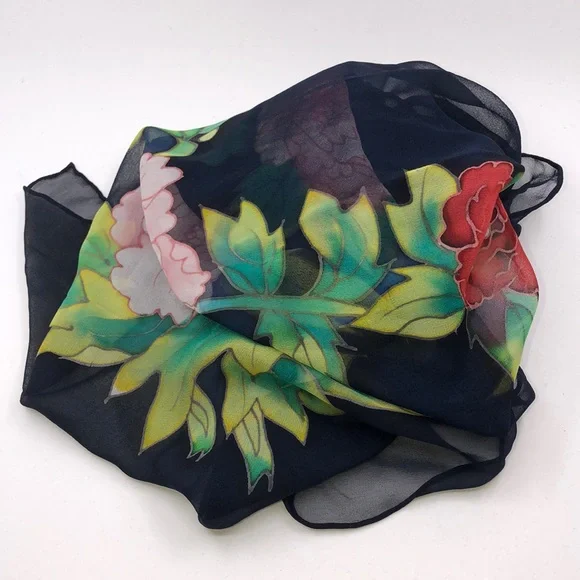 Sheer Black Floral Peony Scarf