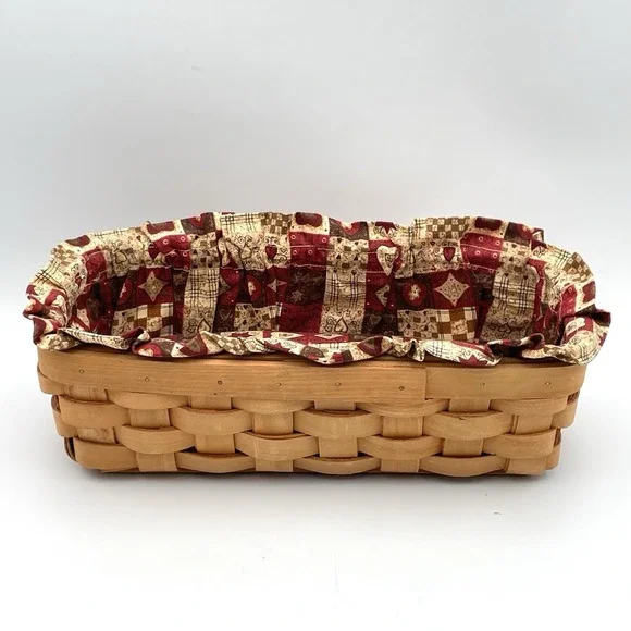 Handmade Woven Wood Bread Basket With Cushion Fabric Liner Primitive Farmhouse