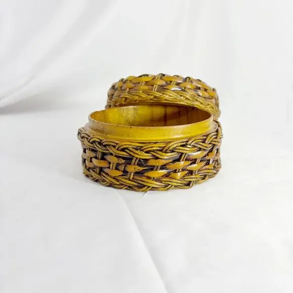 Vintage 4” Round Woven Lidded Trinket Box – Handmade Storage Basket
