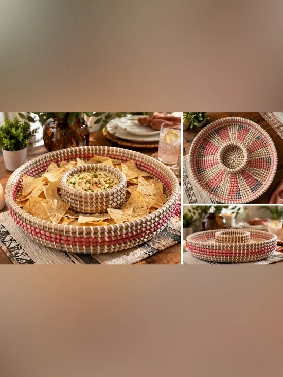 Handwoven Woven Basket Chip & Dip Tray Boho Farmhouse Serving Platter