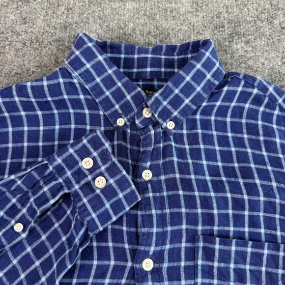 Banana Republic Camden Men Shirt M 100$ Linen Windowpane Plaid Blue EUC