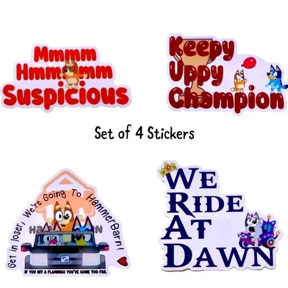 Bluey Sticker Set of 4, Funny Decals, Bingo Muffin Heeler Stickers - Keepy Uppy