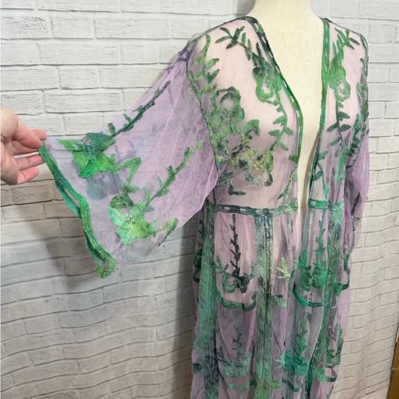 Sheer Lilac & Green Ice Dye Floral Kimono with Green Embroidery