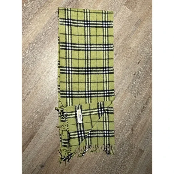 Royal Rossi 100% Cashmere Plaid Scarf Lime Green Black‎ White Check Fringe Trim