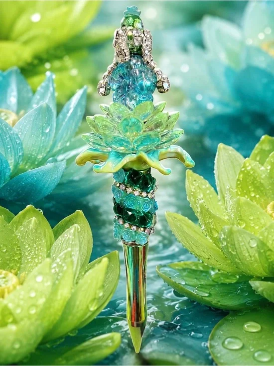 Handmade Crystal Lotus Pen in Aqua Green and Teal