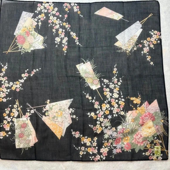Vtg Scarf Handkerchief Floral Fan Cotton Black 16.5