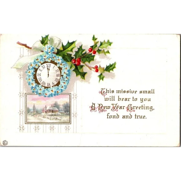 Vintage New Year Greeting Postcard‎ Clock Holly Berries Series 341 E