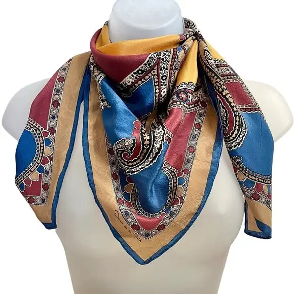 Oscar de la Renta Vintage Colorful Paisley Baroque Silk Charmeuse Square Scarf