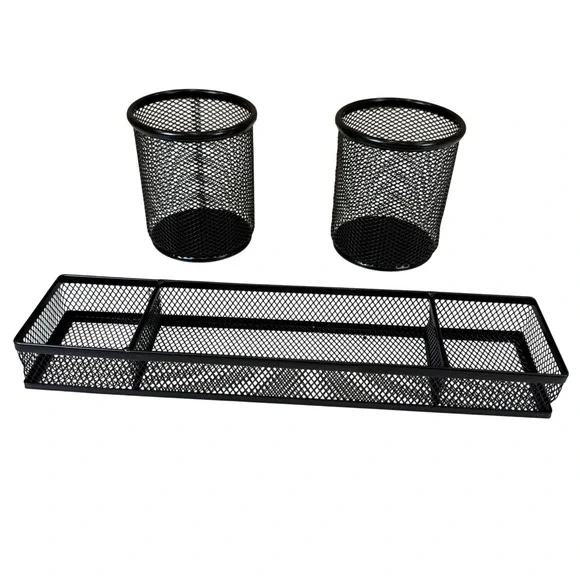 Black Wire Mesh Desk Organizer Set 3 Piece Pencil Cups and Divided Drawer Tray