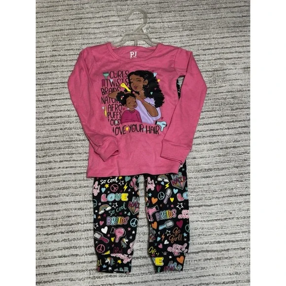 NWT PJ Place Girls 2T Pajama Set Pink Black Curls Braids Natural Hair Graphic
