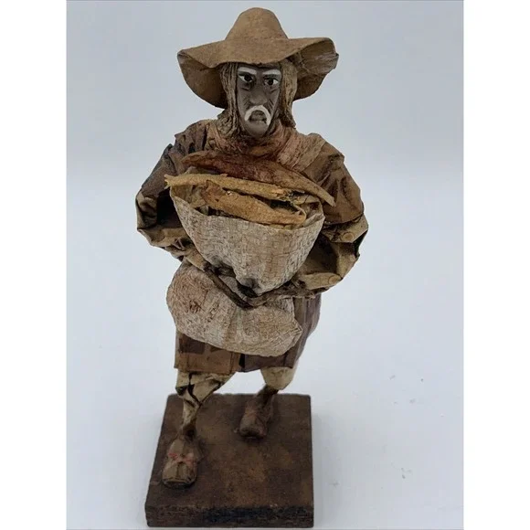 Vintage Authentic Mexican Paper Mache Man Folk Art Figurine With Bag Of Fish
