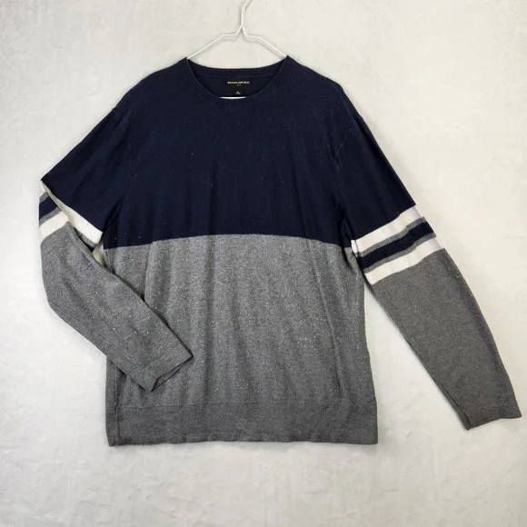 Banana Republic Mens Colorblock Crew Neck Sweater XL Navy‎ Gray White Stripes
