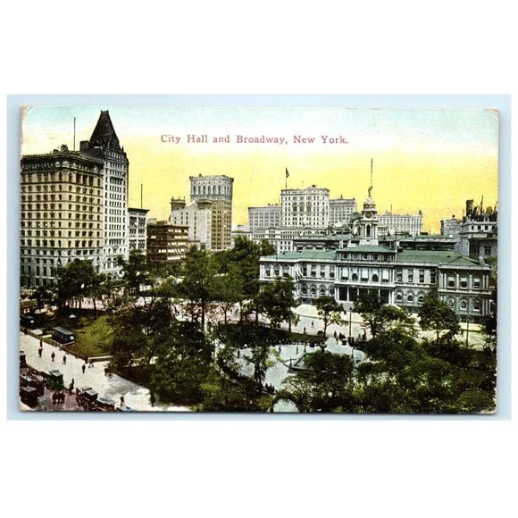 Vintage Postcard City Hall and‎ Broadway New York City NYC Posted Stamped 1912
