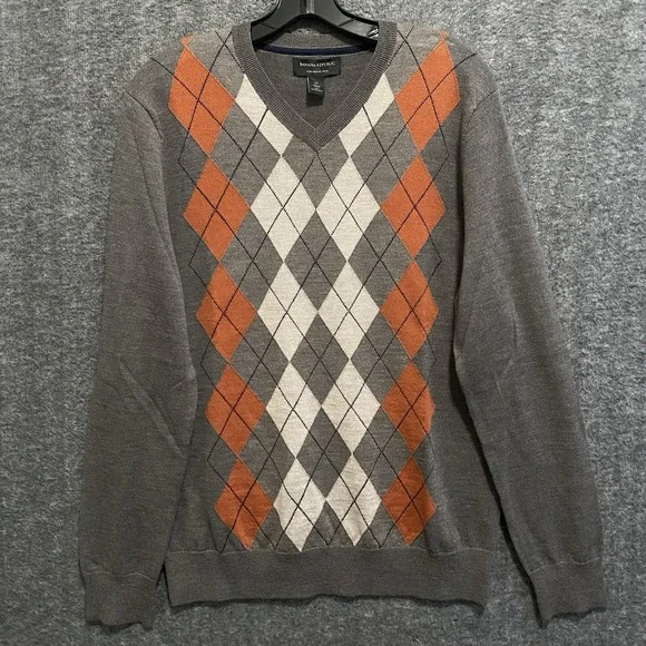 NEW Banana Republic Argyle Merino Wool Sweater Mens Medium Brown Preppy Academia