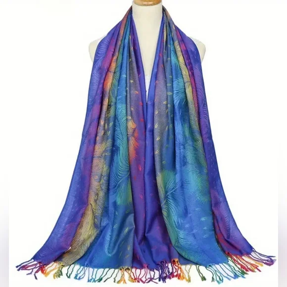 New Colorful Western Blue and Purple Peacock Feather Scarf‎ Dopamine-(#1,417)