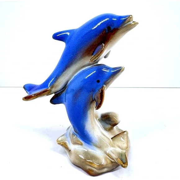 Vintage Ceramic Dolphin Pair Figurine Blue Brown Ocean Coastal Decor 6
