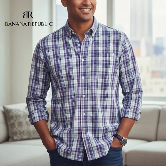 Banana Republic Purple Plaid Button Down Shirt L Long Sleeve Cotton Work Casual
