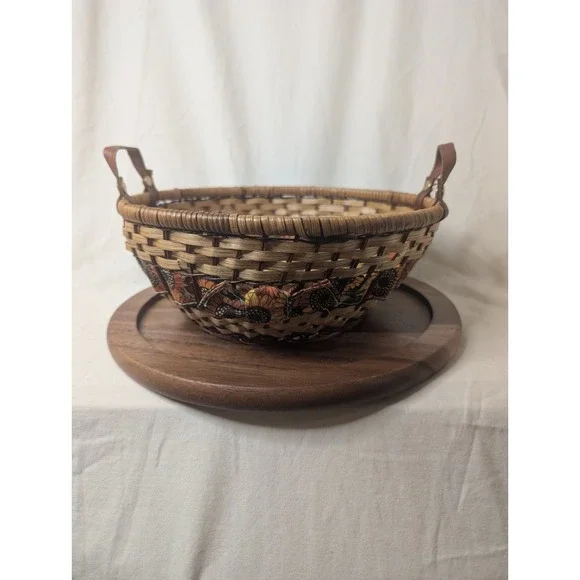 vintage woven basket‎ leather handles, wood Bread Basket Sunflower Design