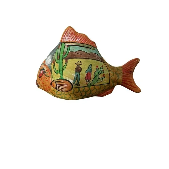 Ceramic‎ Fish Piggy Bank Hand-Painted With Traditional Mexican Design