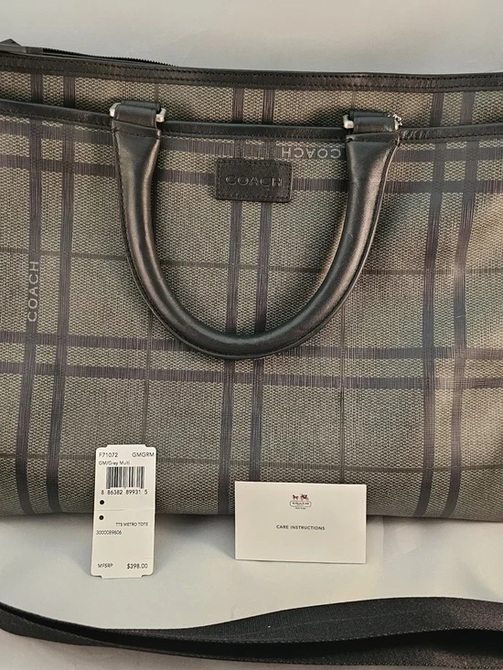 Coach Men's Grey Plaid Tote Bag! NWT!