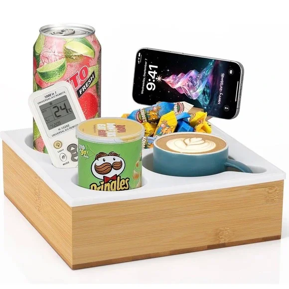 White Bamboo Couch Caddy Tray Rotatable Holder Snack‎ Drink Remote Organizer