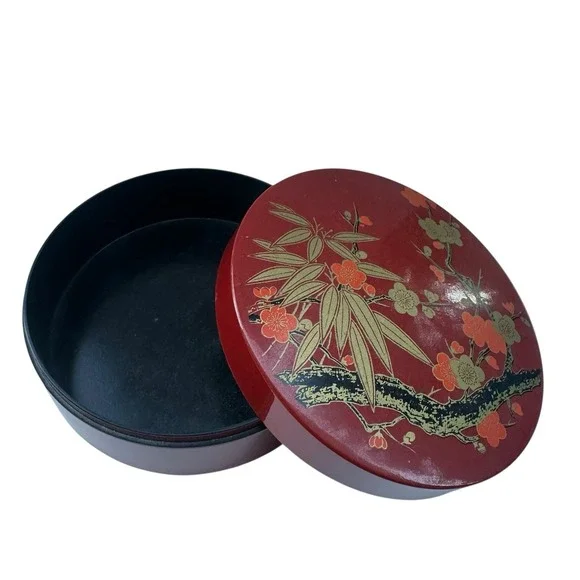 Vintage Red Lacquer Plastic Round‎ PAINTED FLORAL STASH Trinket BOX  w Lid Japan