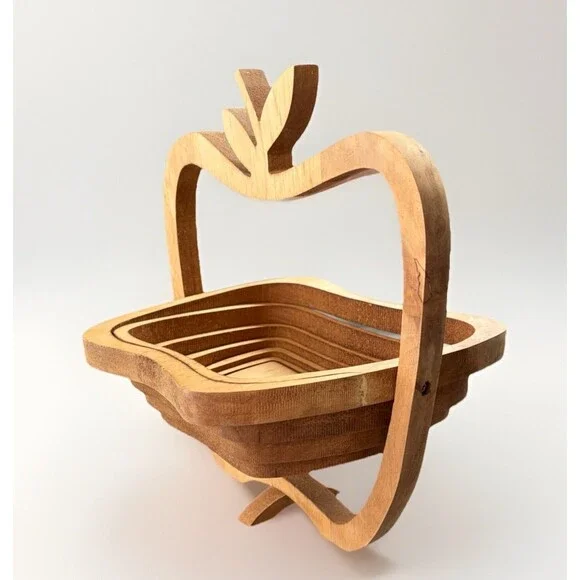 Collapsible Wooden Dry Fruit Basket Apple Shaped Kitchen Storage