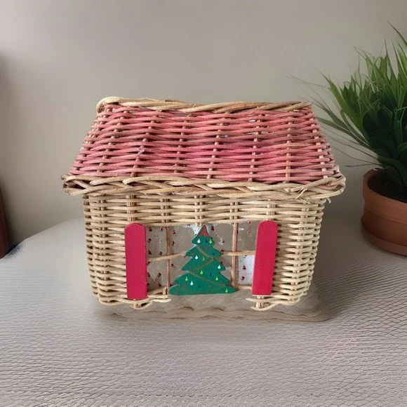 Vintage Wicker Rattan House Basket Christmas Decor